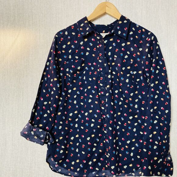 Talbots S Button Up Navy All Over Acorn Print Long Sleeve Blouse Teachercore - Picture 8 of 12
